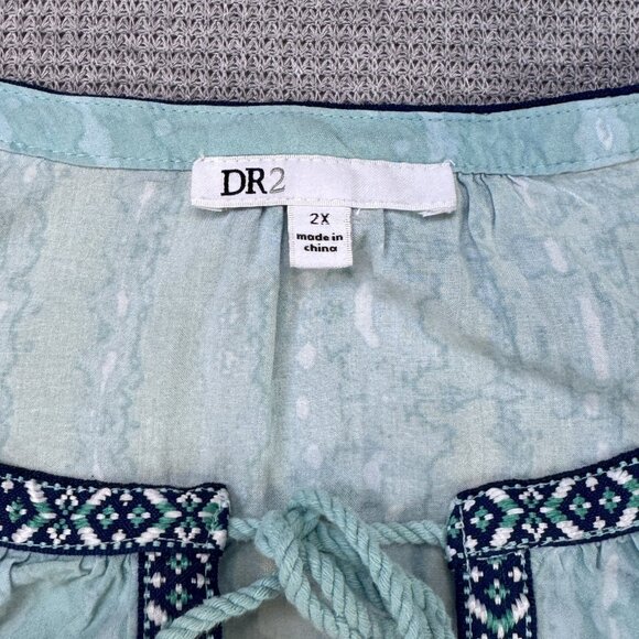 DR2 Womens Tunic Top Blue Sleeveless Tie Dyed Rose Rayon Tie Fringe Boho Size 2X - Picture 7 of 12